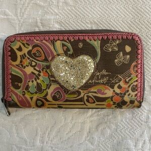 Sakroots Songbird Peace Brown Floral Coated Canvas Zip Around Wallet